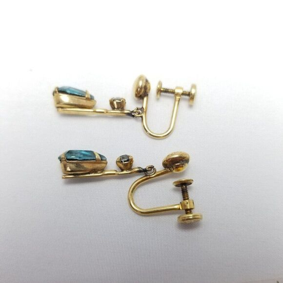 Vintage Yellow Gold Filled Blue Rhinestone Dangle Clip On Screw Back Earrings - Picture 3 of 6